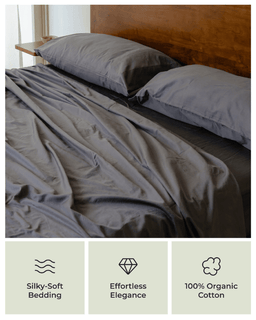 Gray bedding set on a bed with a wooden headboard, featuring icons and text about bedding quality.