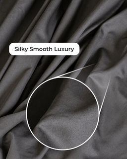 Dark gray fabric with 'Silky Smooth Luxury' text and close-up detail.
