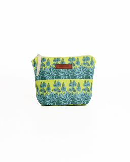 Green and yellow floral patterned pouch with a visible brand label on a white background