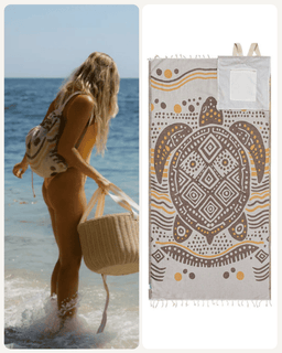 A beach towel with a brown and beige turtle design is shown hanging next to a lifestyle photo of a woman in a bikini walking on the beach carrying a woven basket.