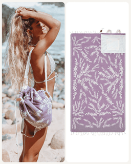 A lavender and white patterned drawstring beach bag shown worn by a woman on a beach, alongside a flat product view of the same bag on a white background.