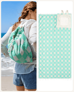 A mint green and white checkered beach towel with a white drawstring bag attached, shown next to a lifestyle photo of a woman carrying the bag on her back at the beach.