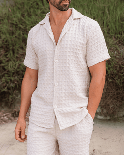 Orb Button Down Waffle Shirt - Sand - Mens