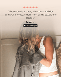 Person using a towel with a five-star review from Tessa K. on a light background