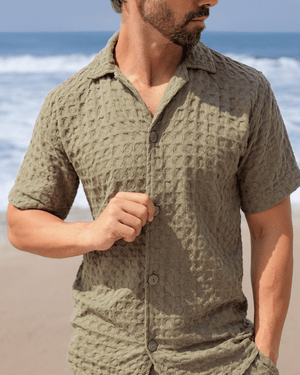 Orb Button Down Waffle Shirt - Olive - Mens