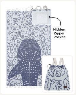 A beach towel or blanket with a whale print, shown with a text callout pointing to a hidden zipper pocket on the top right. A smaller inset shows the item folded into a drawstring bag.