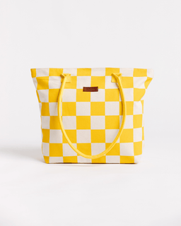 Yellow and white checkered tote bag on a light gray background