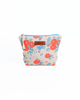 Floral patterned pouch with a visible brand label on a white background