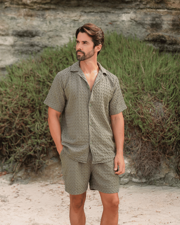 Orb Button Down Waffle Shirt - Olive - Mens