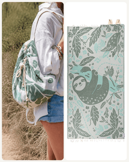 A tote bag with a green and mint sloth and leaf pattern, shown worn by a person on the left and laid flat on a white background on the right.