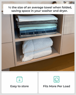 Stacked towels in a cabinet with text about space-saving storage solutions.