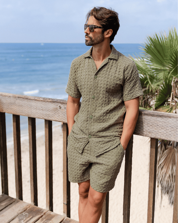 Orb Button Down Waffle Shirt - Olive - Mens