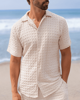 Orb Button Down Waffle Shirt - Sand - Mens