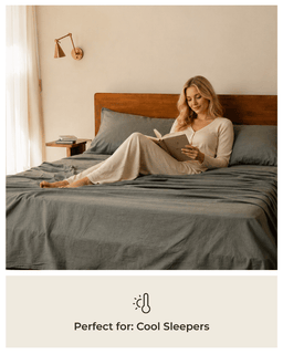 Woman reading a book on a bed with gray bedding, text 'Perfect for: Cool Sleepers'.