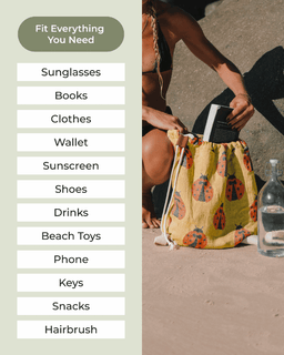 Multifunctional bag with ladybug pattern being used by a person on a beach, with a list of items it can hold.