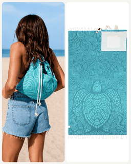 A turquoise beach towel with a white sea turtle and wave pattern, shown next to a woman on a beach wearing a matching drawstring bag.