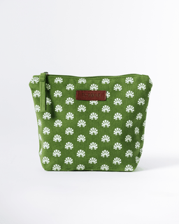 Green zipper pouch with an allover white shell print.