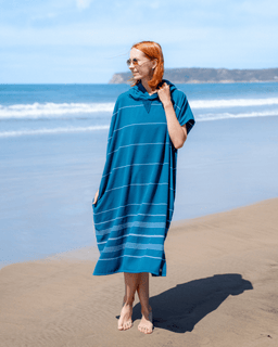 Classic Stripe Hooded Poncho Teal Blue