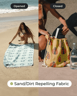 Two beach scenes showing a sand/dirt repelling fabric being used on a sandy surface.