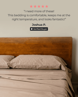 Bed with beige bedding and wooden headboard, featuring a five-star review quote from a verified buyer.