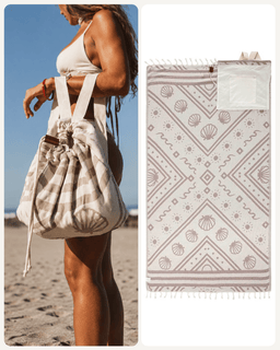 A beach towel with a bohemian shell and geometric pattern in beige and taupe, shown next to a lifestyle image of a woman on a beach carrying a matching drawstring beach bag.
