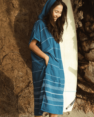 Classic Stripe Hooded Poncho Teal Blue