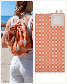 An orange and white checkered beach towel with white handles is shown both hanging flat on the right and being worn as a drawstring backpack on the left, with a beach background on the left panel.