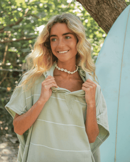 Classic Stripe Hooded Poncho - Celadon Green