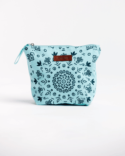 A seaglass blue zipper pouch with turtle mandala patterns and a vegan leather patch.