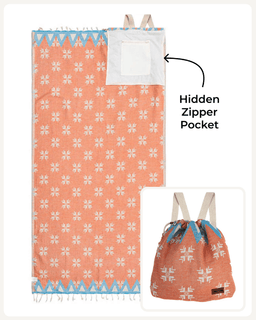 A coral orange patterned towel with a white zippered pocket at the top, shown on a white background with a small inset of the towel folded into a drawstring bag. Text reads 'Hidden Zipper Pocket'.