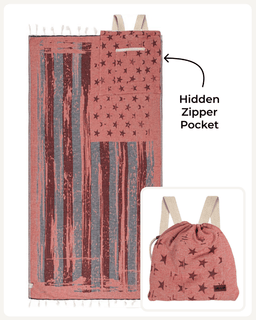 A pink woven towel or blanket with an American flag-inspired design, shown with a small inset of its matching drawstring bag. The main item has a hidden zipper pocket on the upper right, indicated by an arrow and text reading 'Hidden Zipper Pocket.