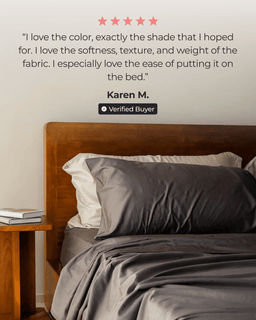 Bed with gray bedding and a wooden headboard, featuring a five-star rating and customer review.
