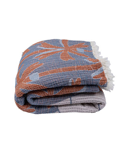 Folded fabric blanket with floral pattern on a white background