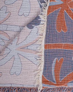 Close-up of a textured fabric with floral patterns in blue and orange.