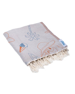 Folded towel with cartoon designs on a white background