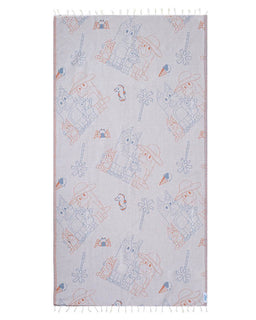 Baby blanket with cartoon animal pattern on a light blue background