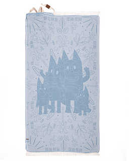 Blue towel with bluey design on a white background