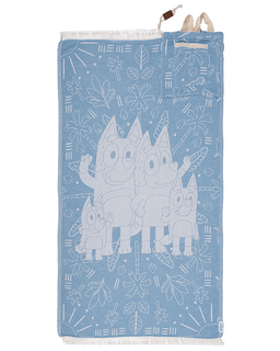 Blue towel with white animal design on a white background