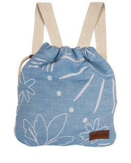 Blue drawstring bag with floral pattern and beige straps on a white background