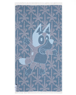 Towel with bluey design on a blue background with palm tree pattern