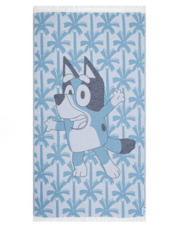 Towel with cartoon character on a blue floral pattern