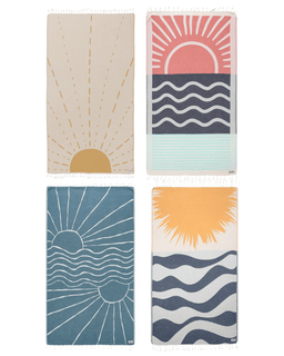 Four beach towels with sun and wave designs on a white background