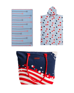 Set of three items: a striped towel, a patterned hooded poncho, and an American flag tote bag on a white background.