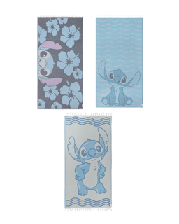 Three cartoon character towels with floral and wave patterns on a white background