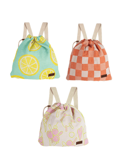 Three drawstring bags with different patterns on a white background