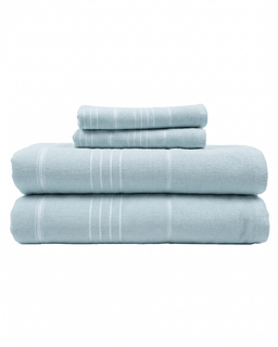 Stack of light blue towels on a white background