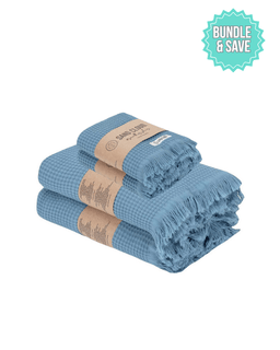 Two blue textured towels with brown labels on a white background, featuring a 'Bundle & Save' badge.