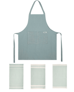 3 kitchen towels and apron on white background