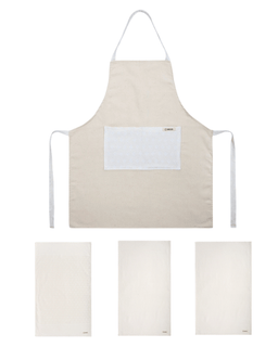 Kitchen towel bundle and apron in natural color on white background