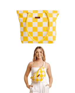 Woman holding a yellow and white checkered bag on a white background